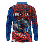 Personalised Newcastle Knights Long Sleeve Polo Shirt Polynesian Tribal Art Style With Armored Knight Mascot