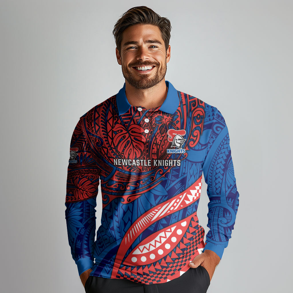 Personalised Newcastle Knights Long Sleeve Polo Shirt Polynesian Tribal Art Style With Armored Knight Mascot