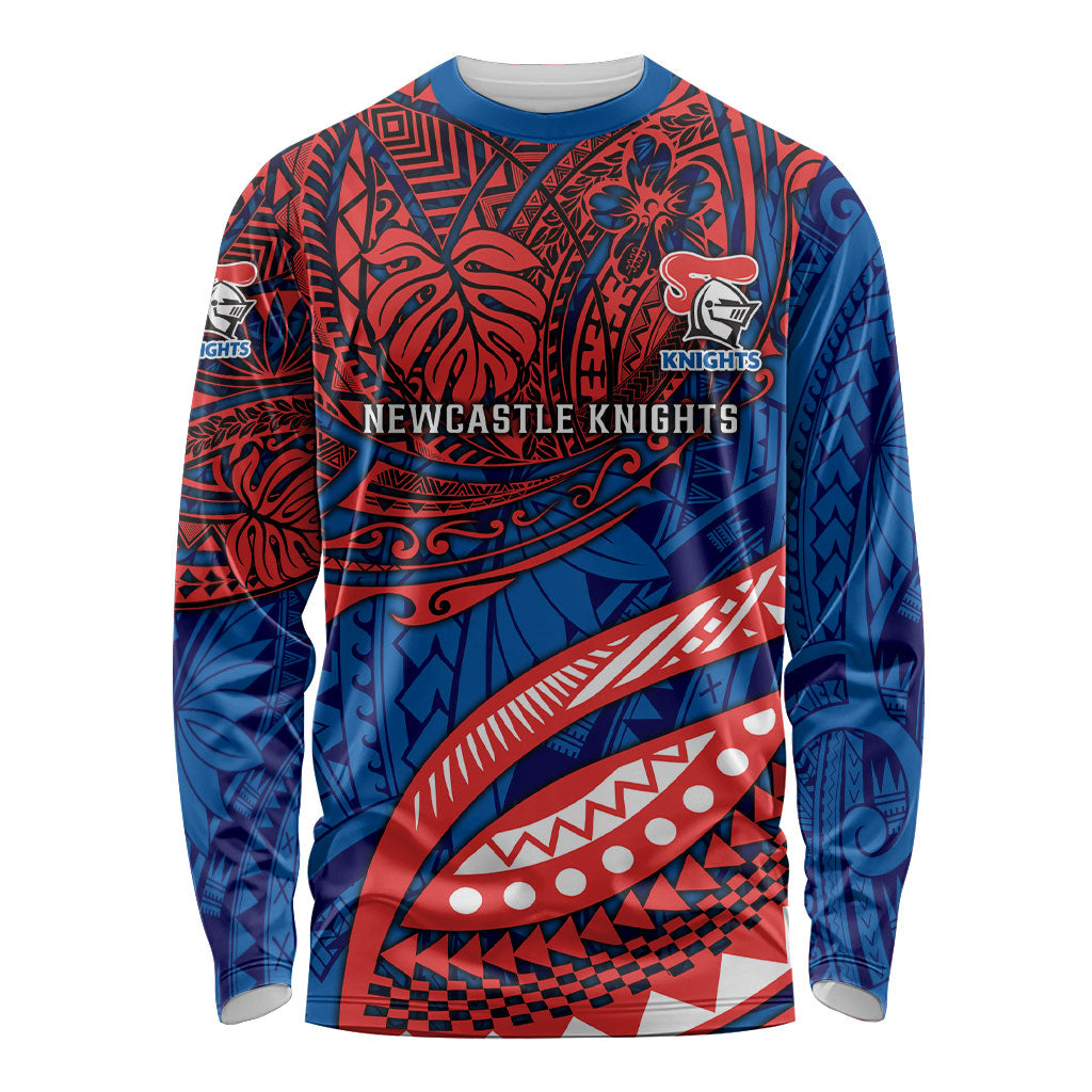 Personalised Newcastle Knights Long Sleeve Shirt Polynesian Tribal Art Style With Armored Knight Mascot