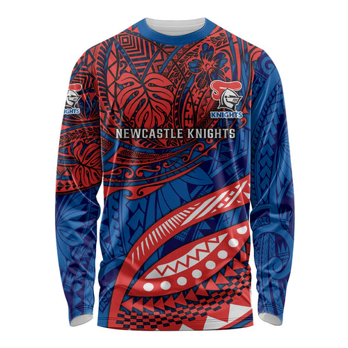 Personalised Newcastle Knights Long Sleeve Shirt Polynesian Tribal Art Style With Armored Knight Mascot