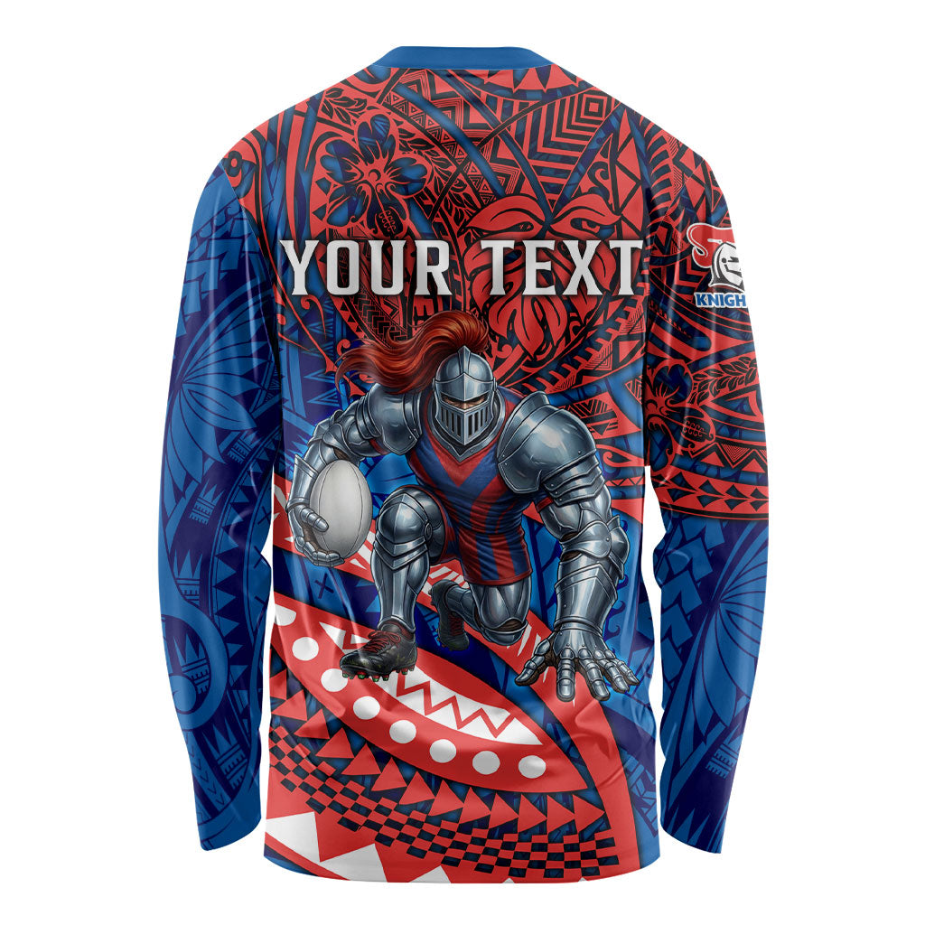 Personalised Newcastle Knights Long Sleeve Shirt Polynesian Tribal Art Style With Armored Knight Mascot