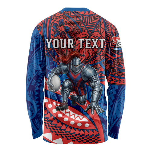 Personalised Newcastle Knights Long Sleeve Shirt Polynesian Tribal Art Style With Armored Knight Mascot
