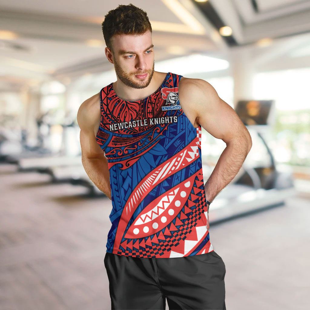 Personalised Newcastle Knights Men Tank Top Polynesian Tribal Art Style With Armored Knight Mascot