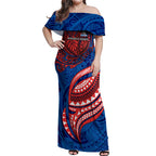 Personalised Newcastle Knights Off Shoulder Maxi Dress Polynesian Tribal Art Style With Armored Knight Mascot