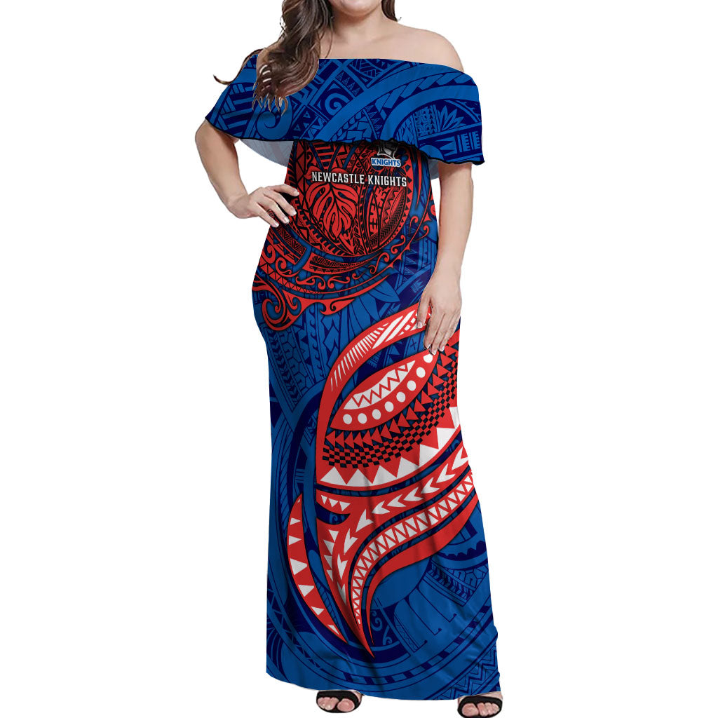 Personalised Newcastle Knights Off Shoulder Maxi Dress Polynesian Tribal Art Style With Armored Knight Mascot