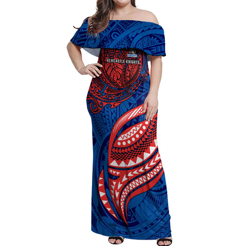 Personalised Newcastle Knights Off Shoulder Maxi Dress Polynesian Tribal Art Style With Armored Knight Mascot