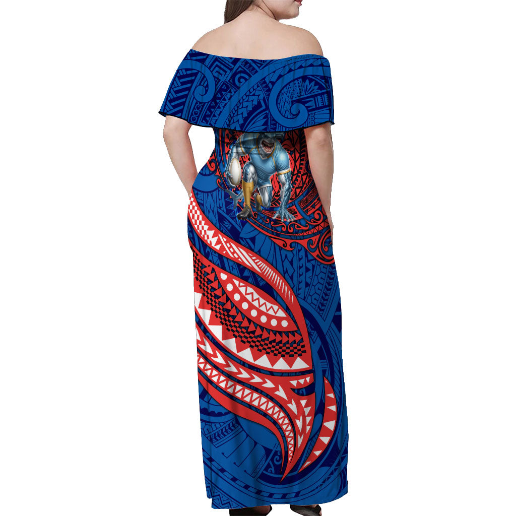 Personalised Newcastle Knights Off Shoulder Maxi Dress Polynesian Tribal Art Style With Armored Knight Mascot
