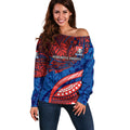 Personalised Newcastle Knights Off Shoulder Sweater Polynesian Tribal Art Style With Armored Knight Mascot