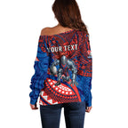 Personalised Newcastle Knights Off Shoulder Sweater Polynesian Tribal Art Style With Armored Knight Mascot