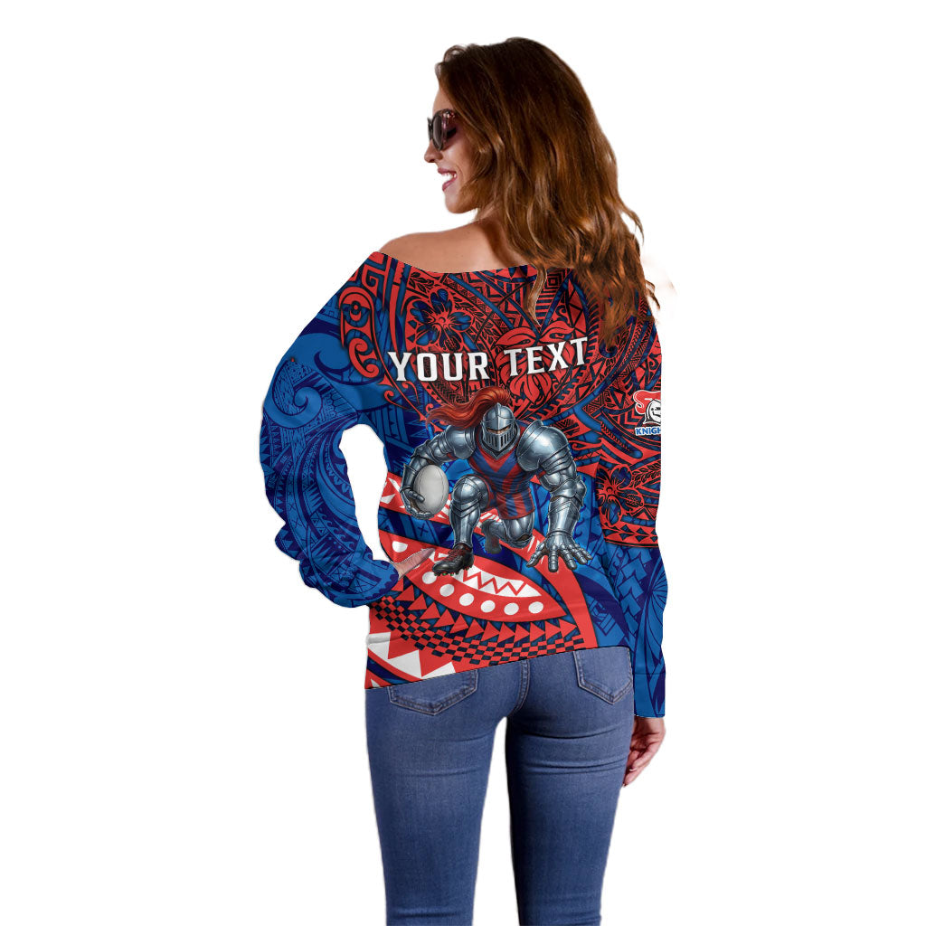 Personalised Newcastle Knights Off Shoulder Sweater Polynesian Tribal Art Style With Armored Knight Mascot