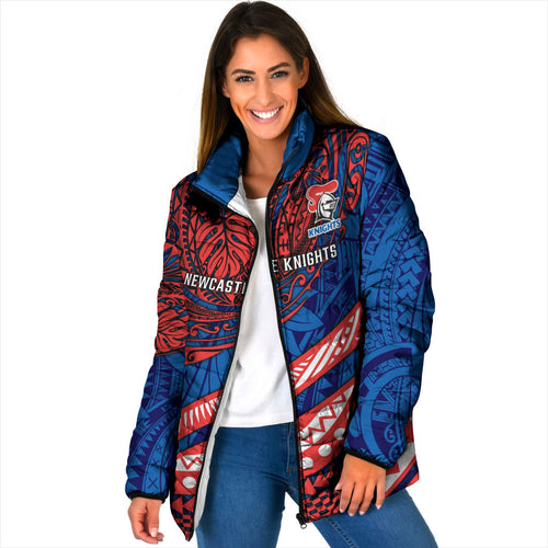 Personalised Newcastle Knights Padded Jacket Polynesian Tribal Art Style With Armored Knight Mascot