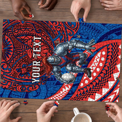 Personalised Newcastle Knights Puzzle Polynesian Tribal Art Style With Armored Knight Mascot