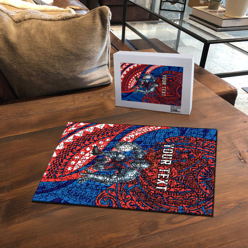 Personalised Newcastle Knights Puzzle Polynesian Tribal Art Style With Armored Knight Mascot