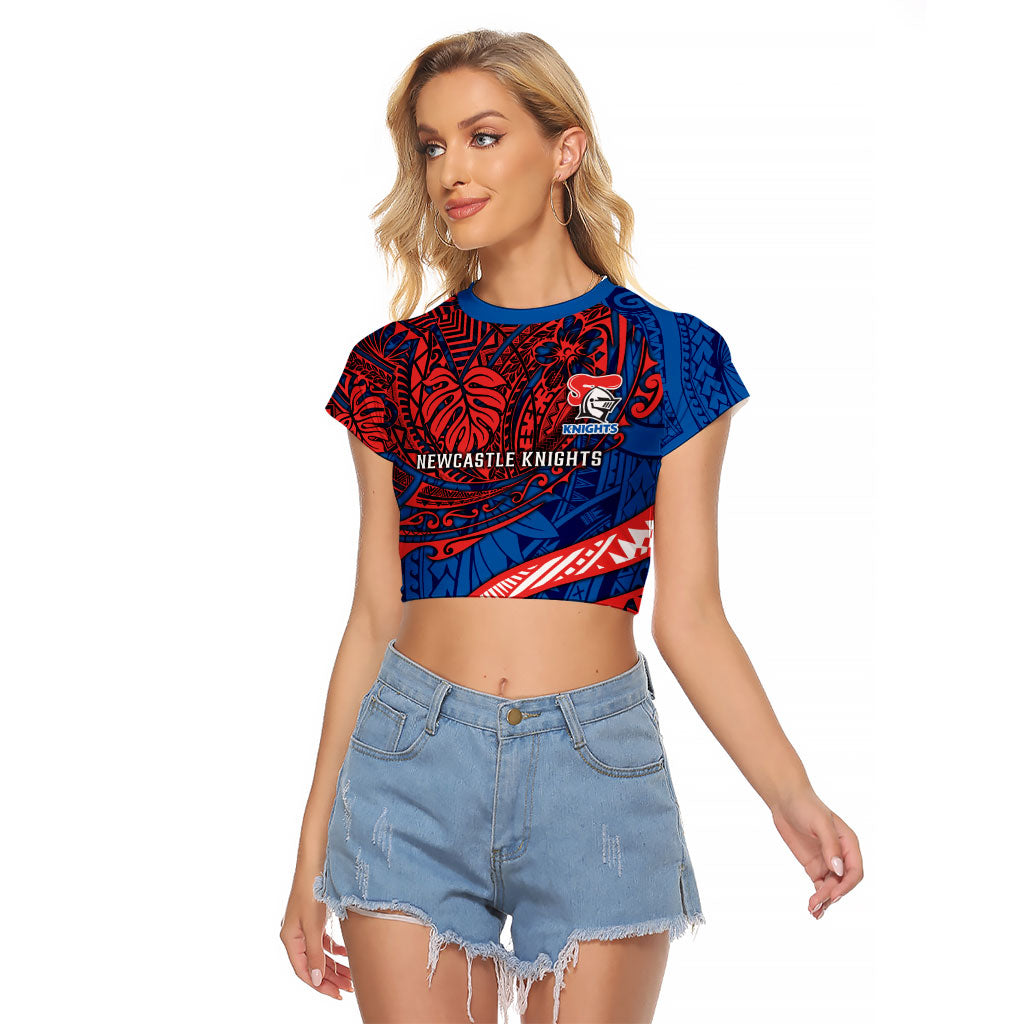 Personalised Newcastle Knights Raglan Cropped T Shirt Polynesian Tribal Art Style With Armored Knight Mascot