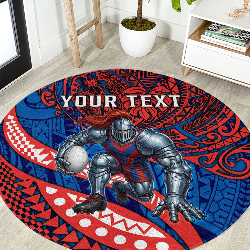 Personalised Newcastle Knights Round Carpet Polynesian Tribal Art Style With Armored Knight Mascot