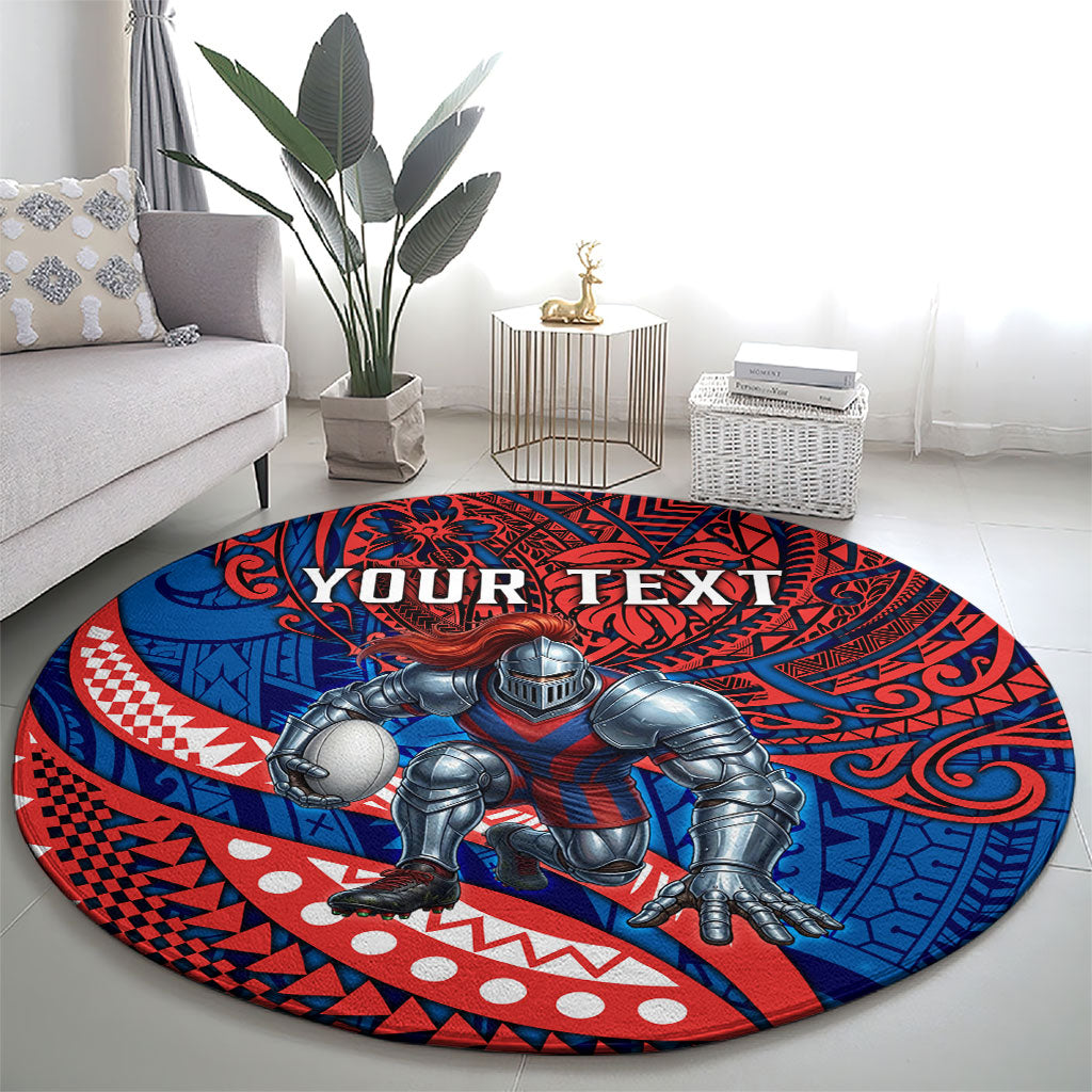 Personalised Newcastle Knights Round Carpet Polynesian Tribal Art Style With Armored Knight Mascot