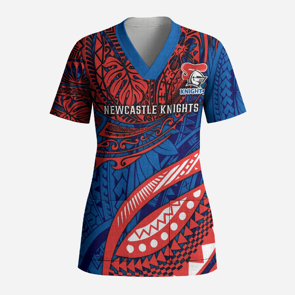 Personalised Newcastle Knights Scrub Top Polynesian Tribal Art Style With Armored Knight Mascot