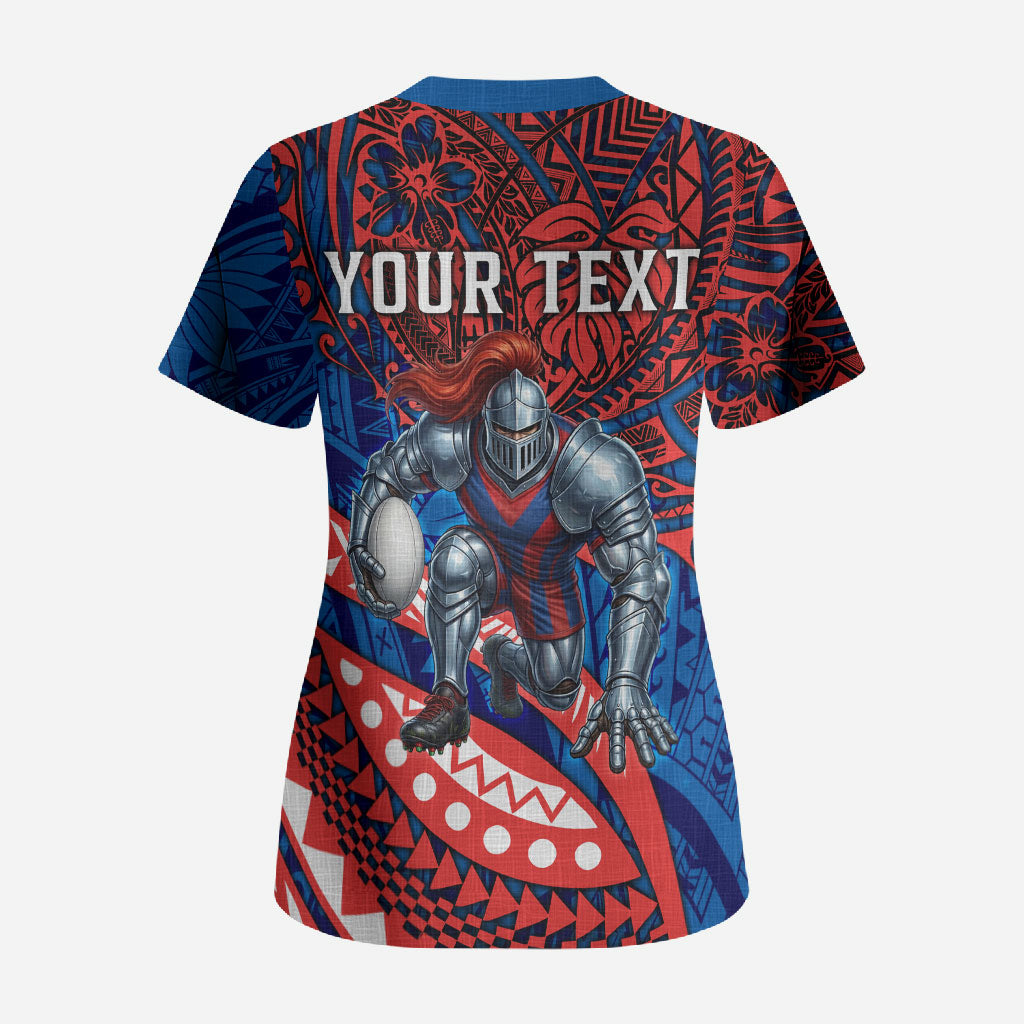 Personalised Newcastle Knights Scrub Top Polynesian Tribal Art Style With Armored Knight Mascot