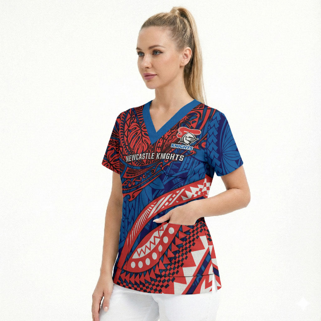 Personalised Newcastle Knights Scrub Top Polynesian Tribal Art Style With Armored Knight Mascot