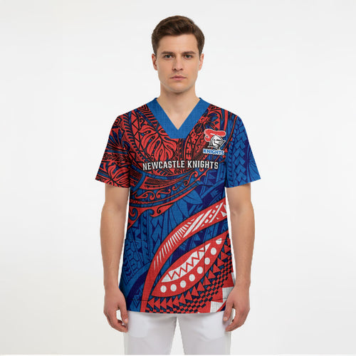 Personalised Newcastle Knights Scrub Top Polynesian Tribal Art Style With Armored Knight Mascot