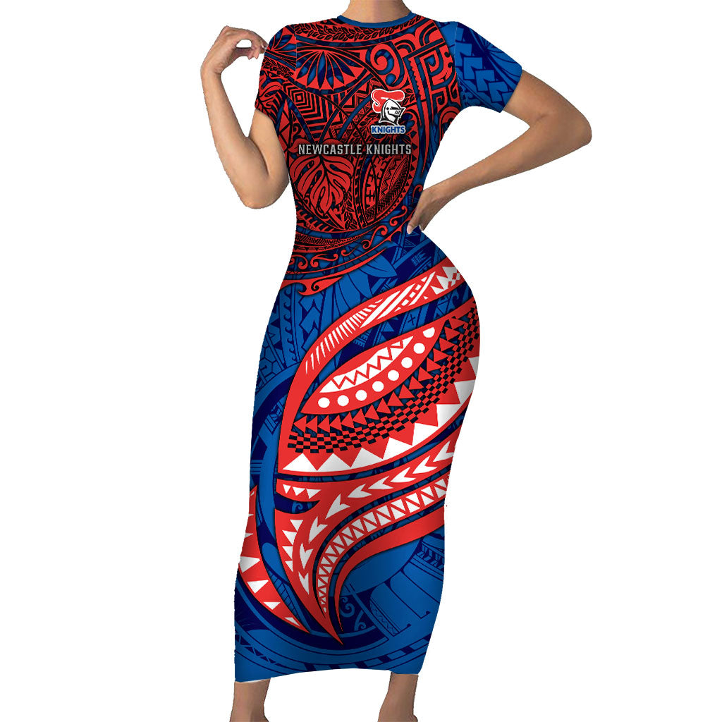 Personalised Newcastle Knights Short Sleeve Bodycon Dress Polynesian Tribal Art Style With Armored Knight Mascot