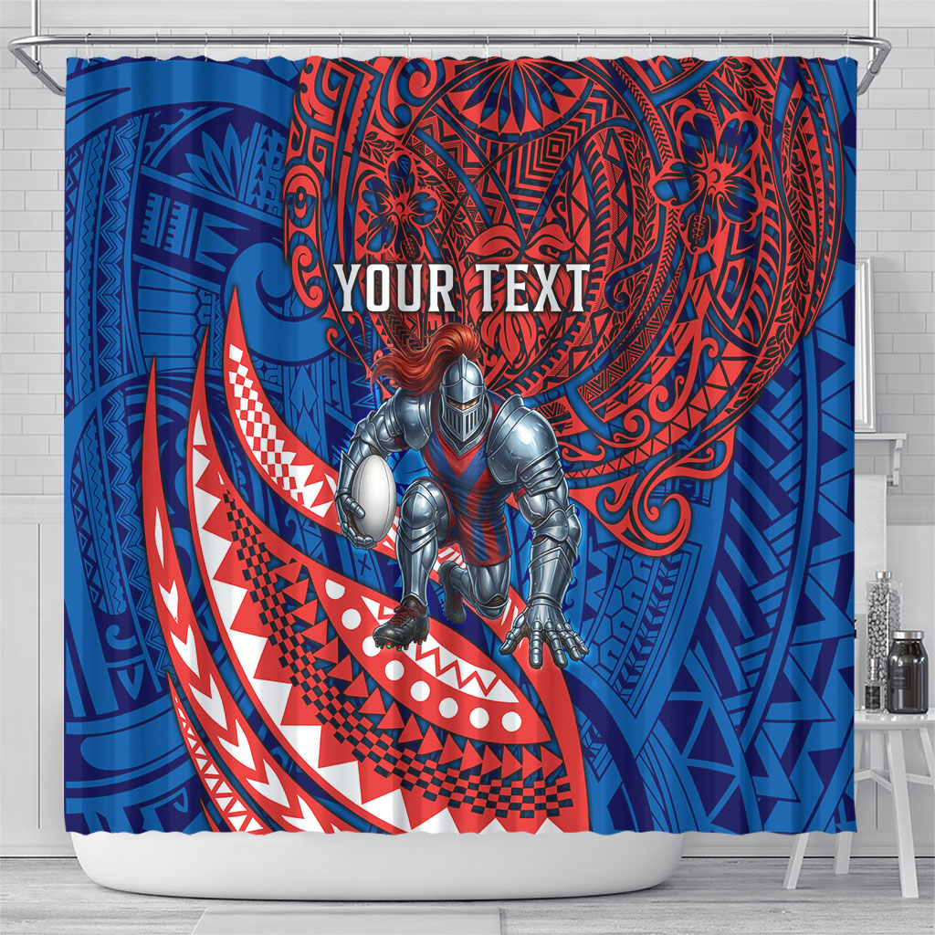 Personalised Newcastle Knights Shower Curtain Polynesian Tribal Art Style With Armored Knight Mascot