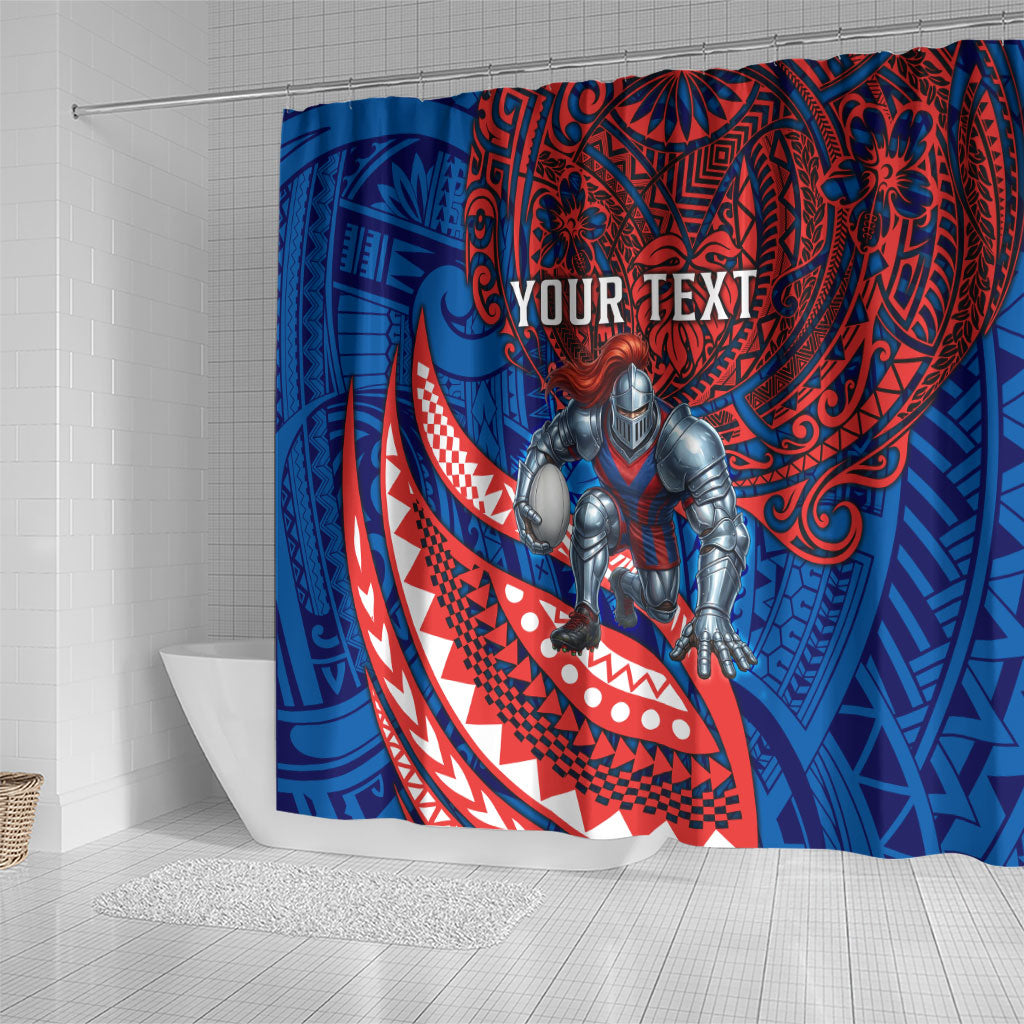 Personalised Newcastle Knights Shower Curtain Polynesian Tribal Art Style With Armored Knight Mascot