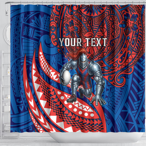 Personalised Newcastle Knights Shower Curtain Polynesian Tribal Art Style With Armored Knight Mascot
