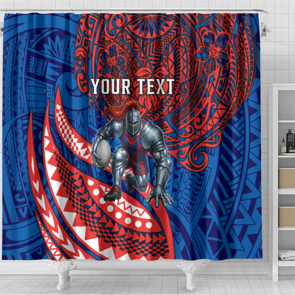 Personalised Newcastle Knights Shower Curtain Polynesian Tribal Art Style With Armored Knight Mascot