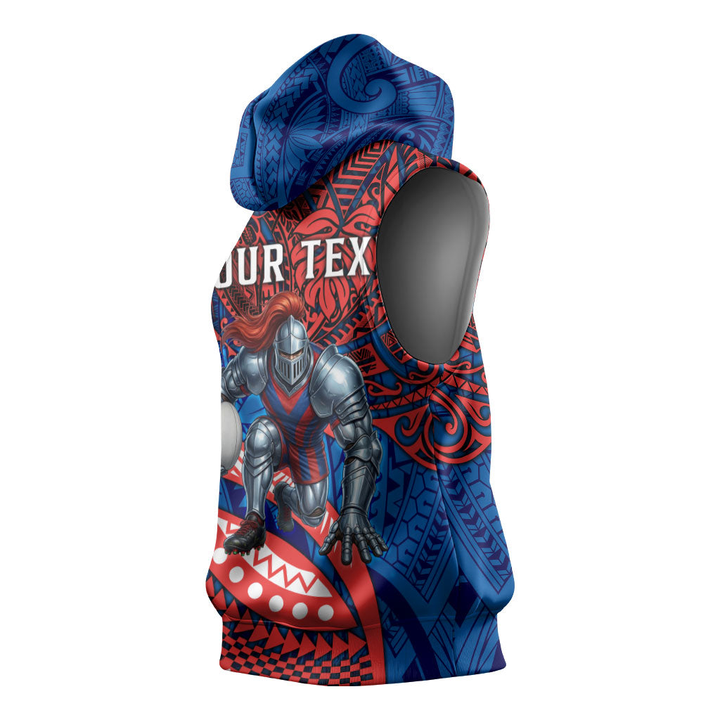 Personalised Newcastle Knights Sleeveless Hoodie Polynesian Tribal Art Style With Armored Knight Mascot