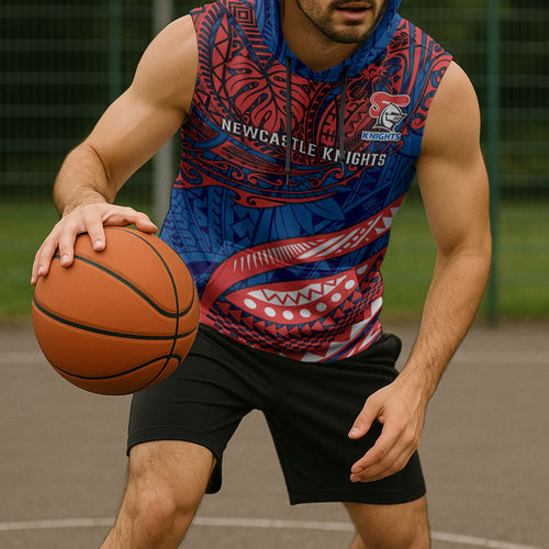 Personalised Newcastle Knights Sleeveless Hoodie Polynesian Tribal Art Style With Armored Knight Mascot