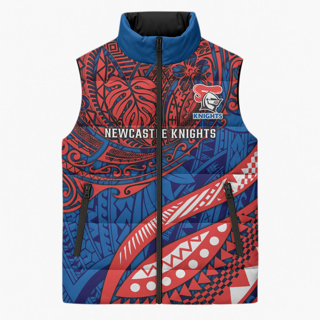 Personalised Newcastle Knights Sleeveless Puffer Jacket Polynesian Tribal Art Style With Armored Knight Mascot