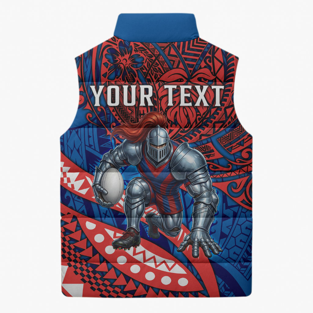 Personalised Newcastle Knights Sleeveless Puffer Jacket Polynesian Tribal Art Style With Armored Knight Mascot