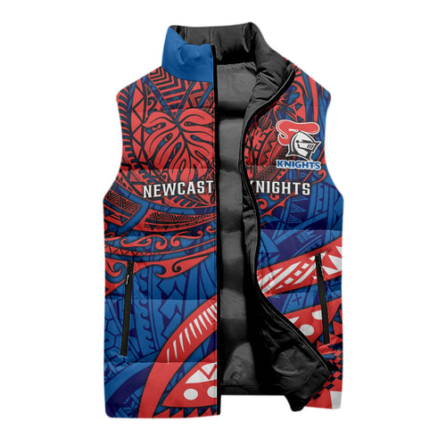 Personalised Newcastle Knights Sleeveless Puffer Jacket Polynesian Tribal Art Style With Armored Knight Mascot