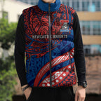 Personalised Newcastle Knights Sleeveless Puffer Jacket Polynesian Tribal Art Style With Armored Knight Mascot
