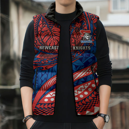 Personalised Newcastle Knights Sleeveless Puffer Jacket Polynesian Tribal Art Style With Armored Knight Mascot