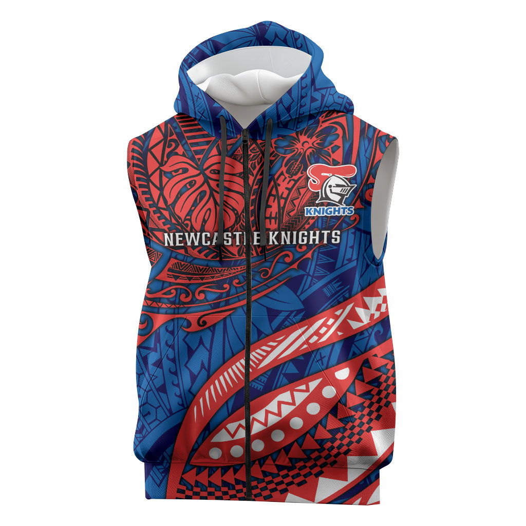 Personalised Newcastle Knights Sleeveless Zip Hoodie Polynesian Tribal Art Style With Armored Knight Mascot