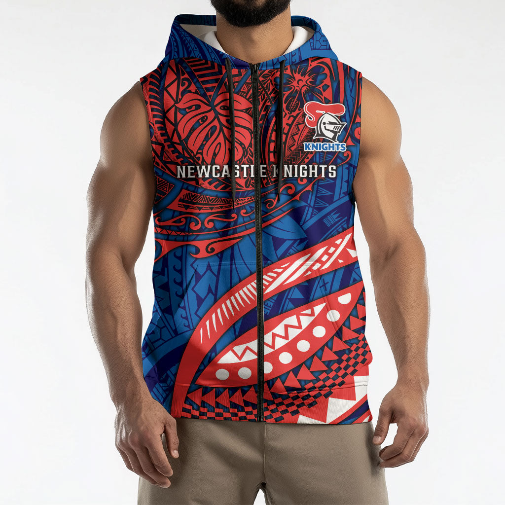 Personalised Newcastle Knights Sleeveless Zip Hoodie Polynesian Tribal Art Style With Armored Knight Mascot