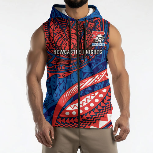 Personalised Newcastle Knights Sleeveless Zip Hoodie Polynesian Tribal Art Style With Armored Knight Mascot