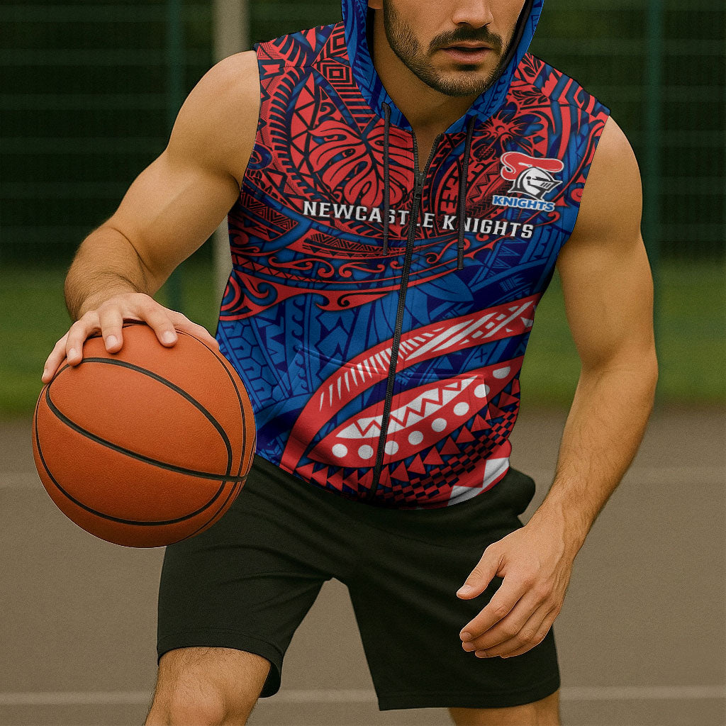 Personalised Newcastle Knights Sleeveless Zip Hoodie Polynesian Tribal Art Style With Armored Knight Mascot