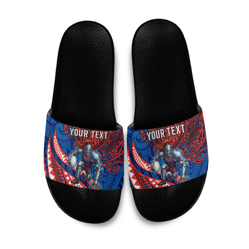 Personalised Newcastle Knights Slide Sandals Polynesian Tribal Art Style With Armored Knight Mascot