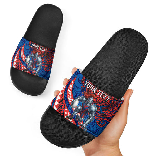 Personalised Newcastle Knights Slide Sandals Polynesian Tribal Art Style With Armored Knight Mascot