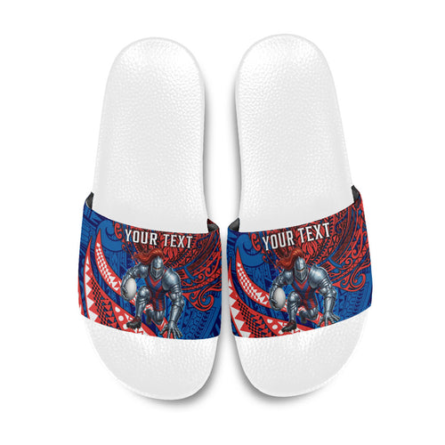 Personalised Newcastle Knights Slide Sandals Polynesian Tribal Art Style With Armored Knight Mascot