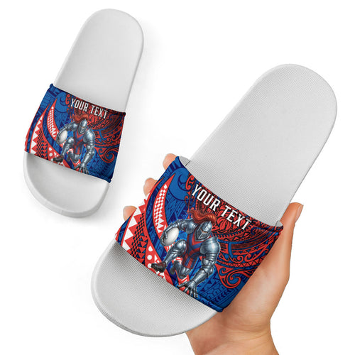 Personalised Newcastle Knights Slide Sandals Polynesian Tribal Art Style With Armored Knight Mascot