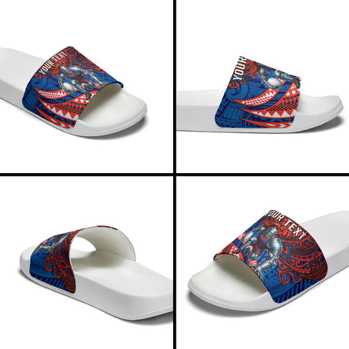 Personalised Newcastle Knights Slide Sandals Polynesian Tribal Art Style With Armored Knight Mascot