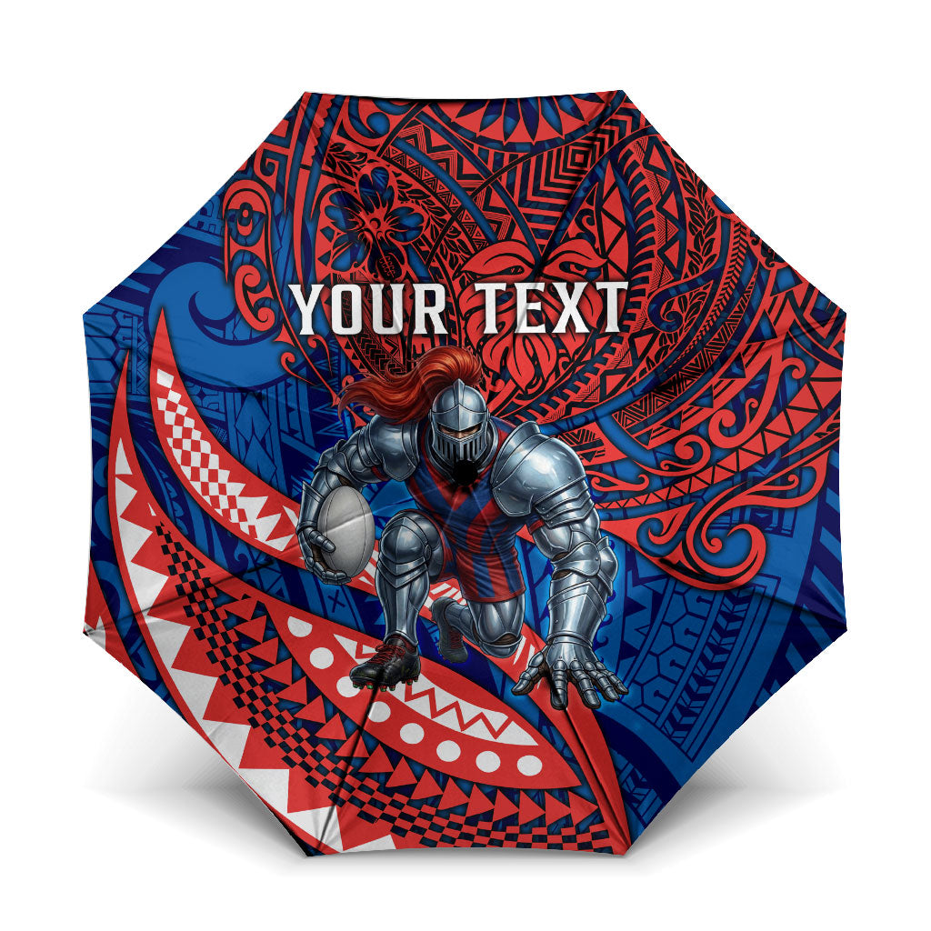 Personalised Newcastle Knights Umbrella Polynesian Tribal Art Style With Armored Knight Mascot
