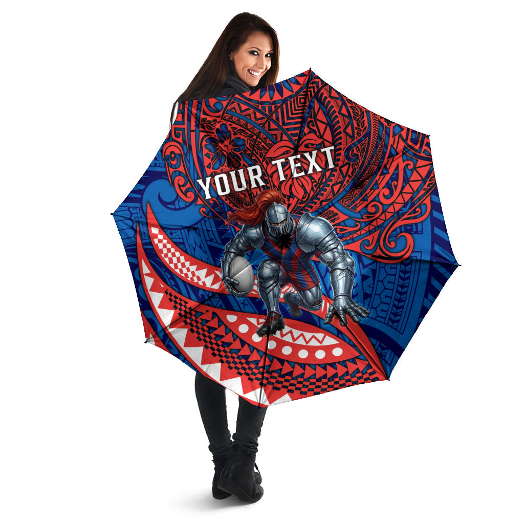 Personalised Newcastle Knights Umbrella Polynesian Tribal Art Style With Armored Knight Mascot