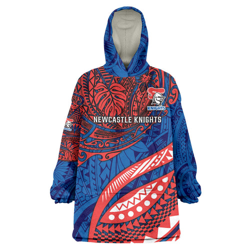 Personalised Newcastle Knights Wearable Blanket Hoodie Polynesian Tribal Art Style With Armored Knight Mascot