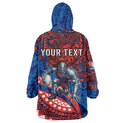 Personalised Newcastle Knights Wearable Blanket Hoodie Polynesian Tribal Art Style With Armored Knight Mascot