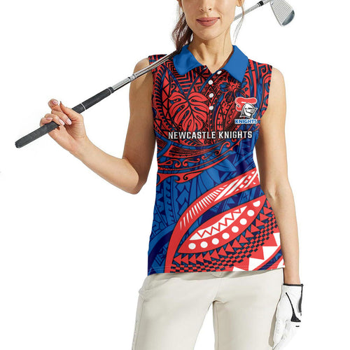 Personalised Newcastle Knights Women Sleeveless Polo Shirt Polynesian Tribal Art Style With Armored Knight Mascot